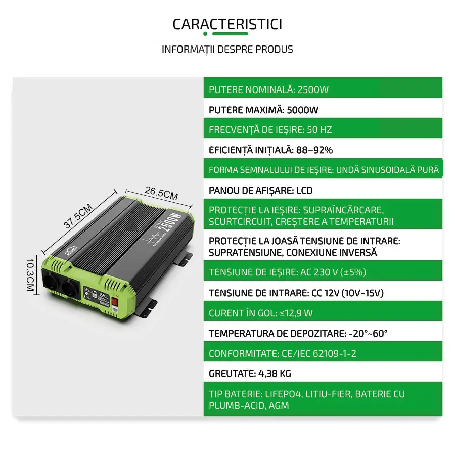 invertor 12-220 2500W caracteristici
